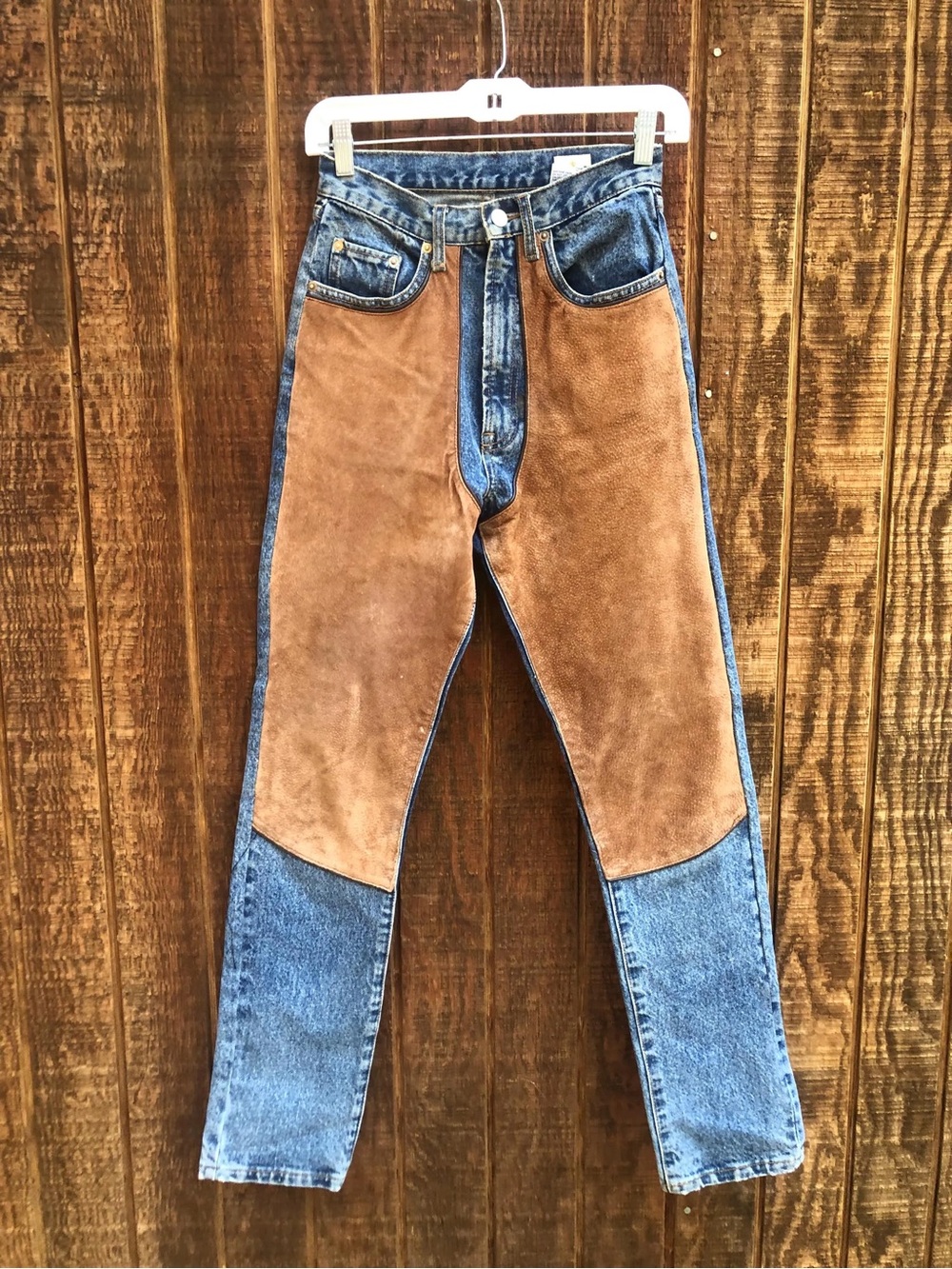 Women’s Two-Tone Brown Suede & Blue Denim Jeans